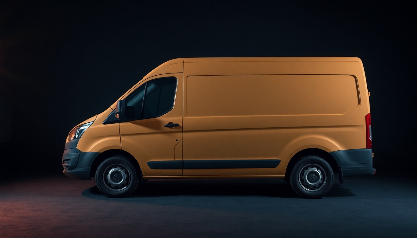 Illustration: a white cargo van wrapped in plain matte amber vinyl, parked in a dark studio